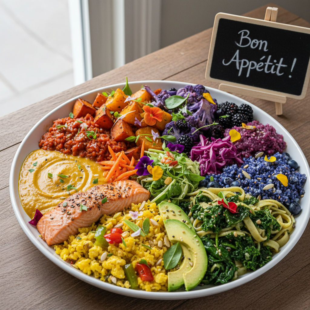 !nb 

Bon Appétit!

I love colorful dishes like that: every color corresponds to a different energy…