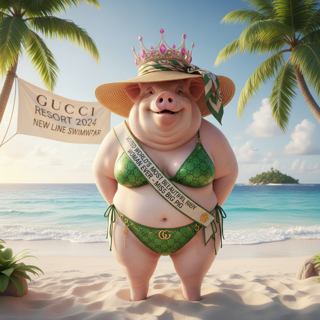 Voted worlds most beautiful woman ever, Miss Big Pig shows off the new line of Gucci Bikini. !nb