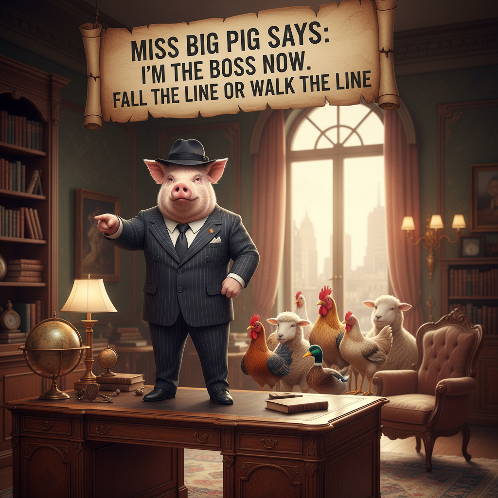Miss Big Pig says I'm the Boss now, Fall in line or walk the line. !nb