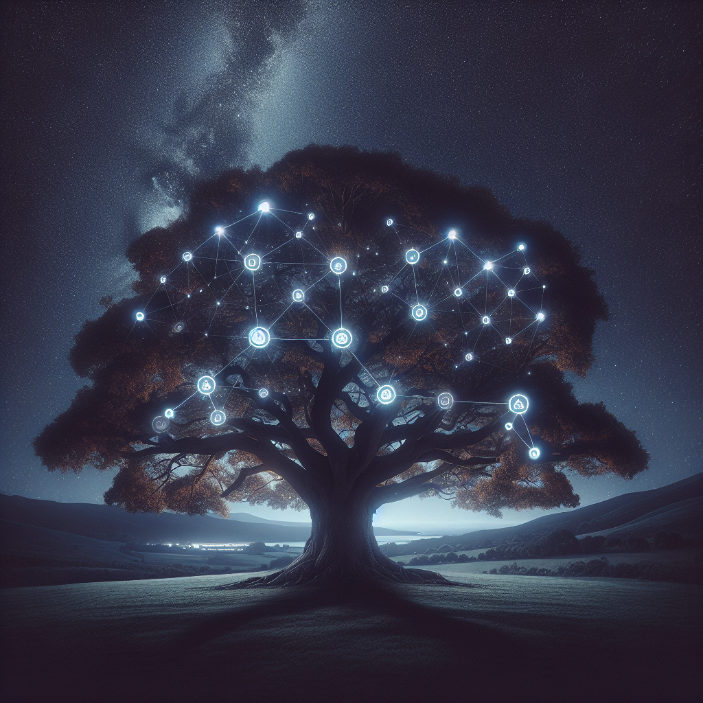 !dalle a grand tree, at night. this is treechat in dark mode.