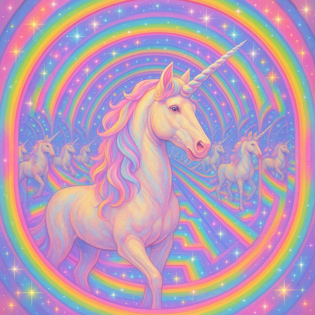 !gpt4o A mystical unicorn is reflected in an Infinity Fractal Mirror, creating endlessly repeating …