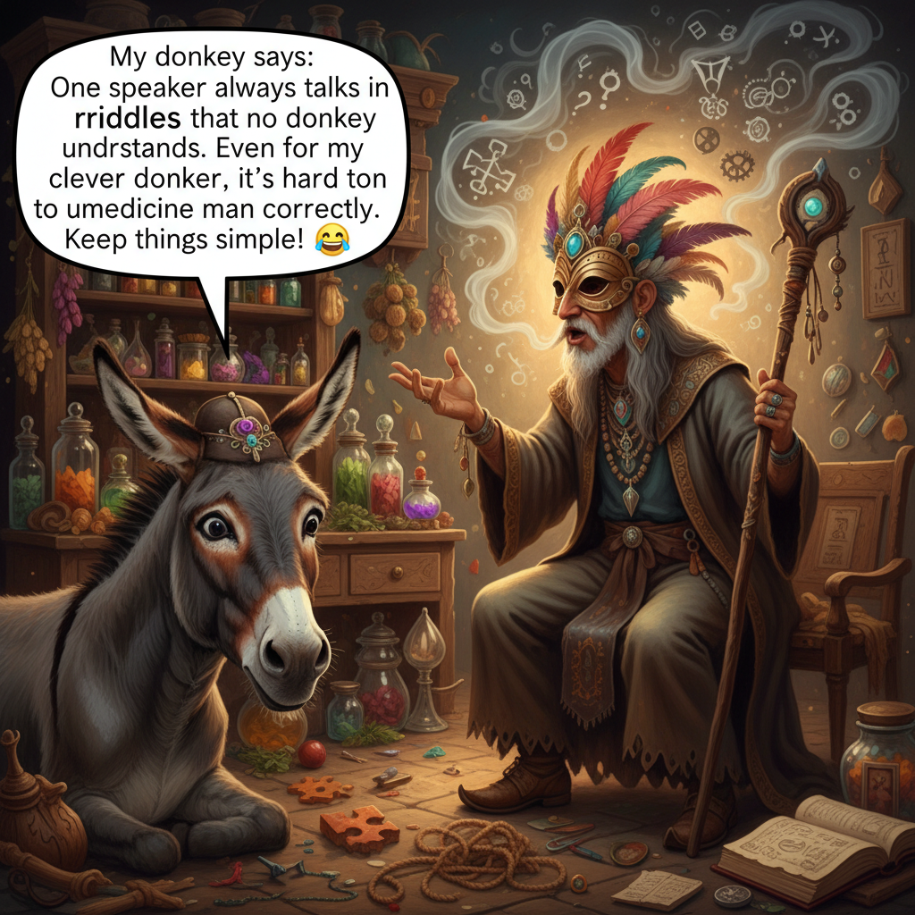 !nb My donkey says: One speaker always talks in riddles that no donkey understands. Even for my cle…