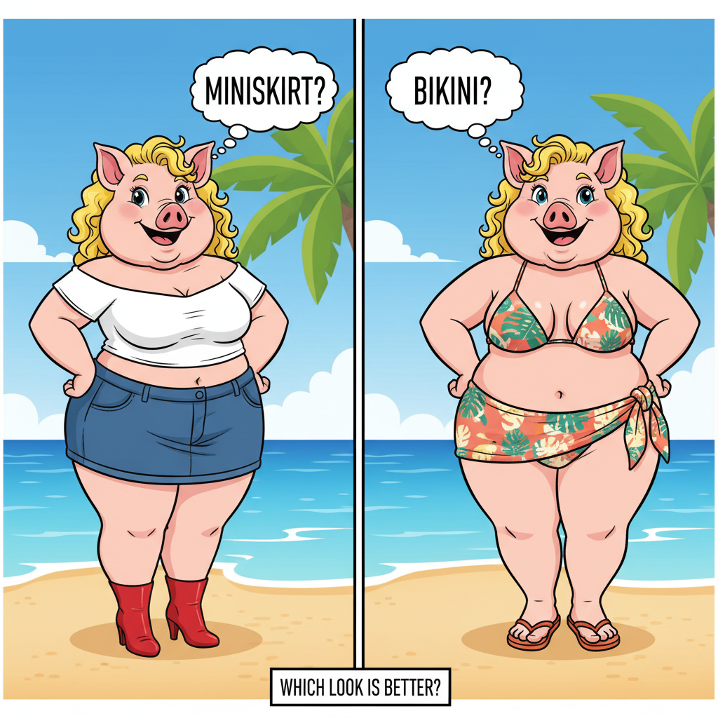 Does Miss Big Pig look better in a miniskirt or bikini !nb