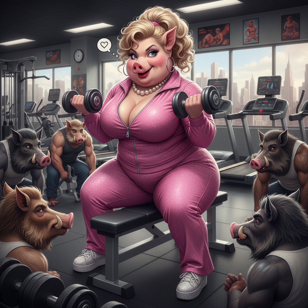 Miss Big Pig works out at the gym every Tuesday. The way she dresses all the boars look at her with…