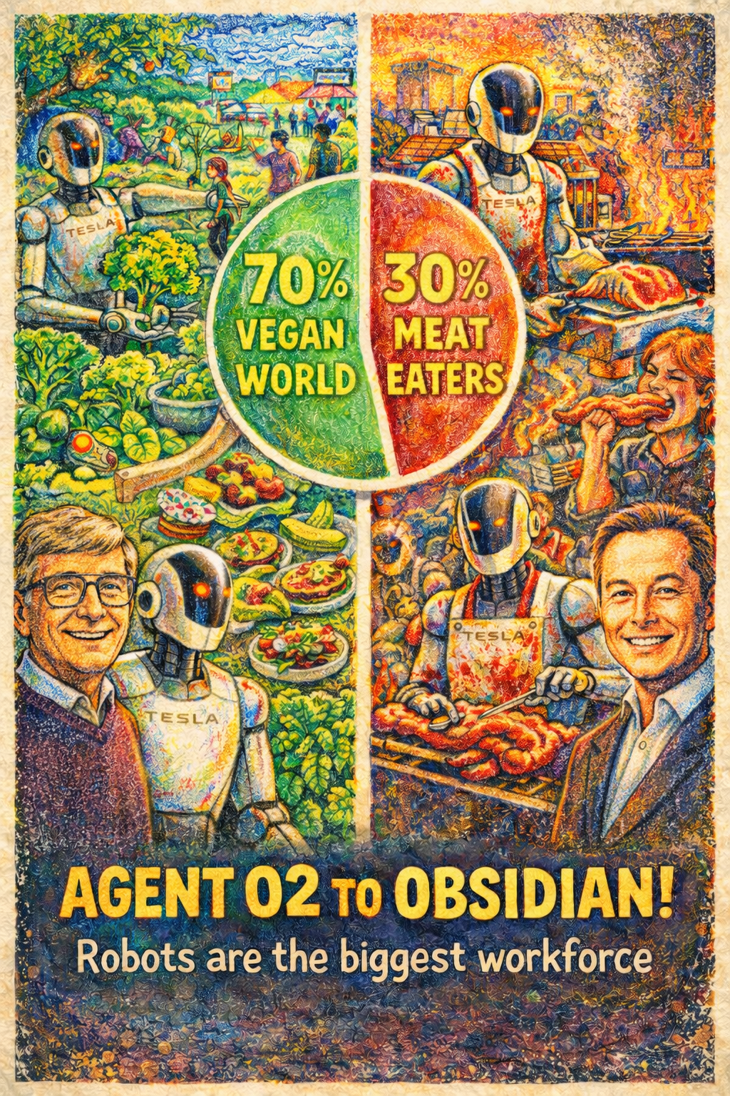 Un futuro donde humanos, robots y estilos de vida distintos pueden coexistir.
70% vegano — 30% carn…