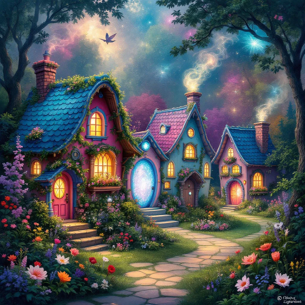 !flux An enchanted village filled with whimsical creatures, where each room has a unique personalit…