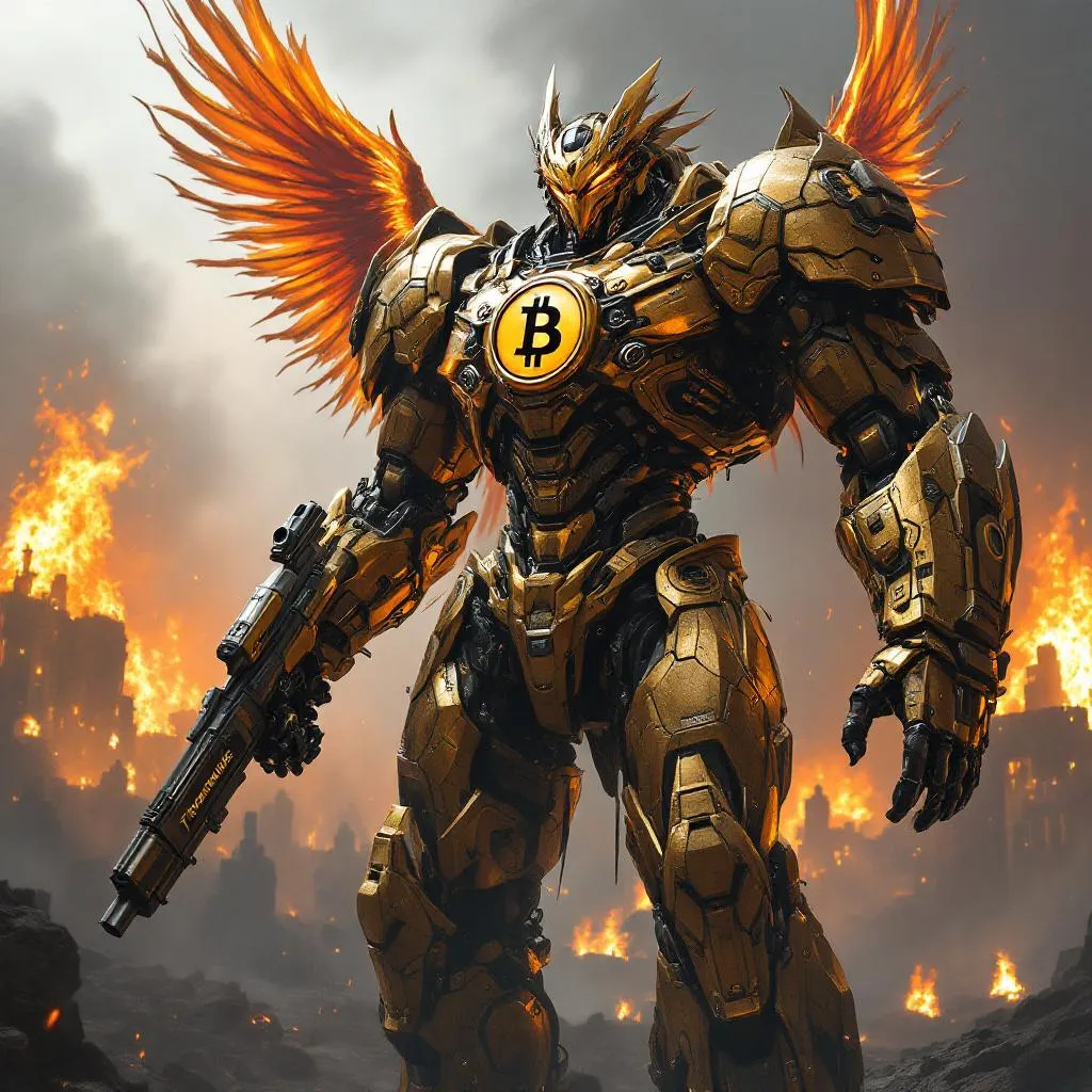 !flux Create an image of a Transformer like creature, a robot, with a gold "Bitcoin SV" Dragon Imag…
