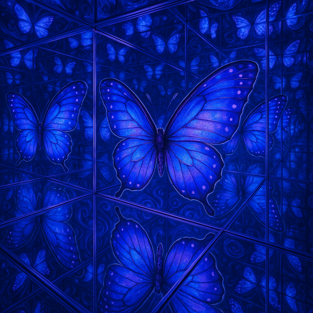 !gpt4o A vibrant butterfly reflected within a Fractal Infinity Mirror, creating endlessly repeating…