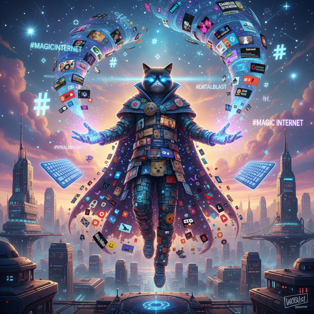 The Algorithm Wizard
!nb A mysterious digital wizard made entirely of memes casting streams of vira…