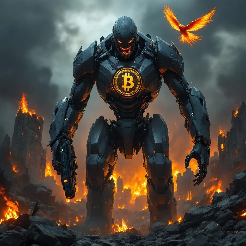 !flux Create an image of a Transformer like creature, a robot, with a gold "Bitcoin" logon surround…