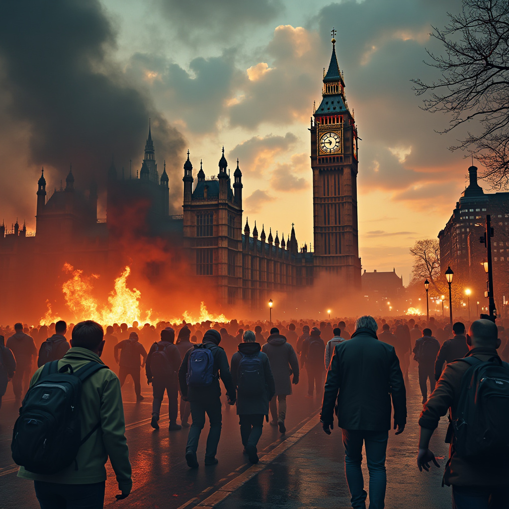 Zombie hordes approach The Houses of Parliament setting it alight !flux