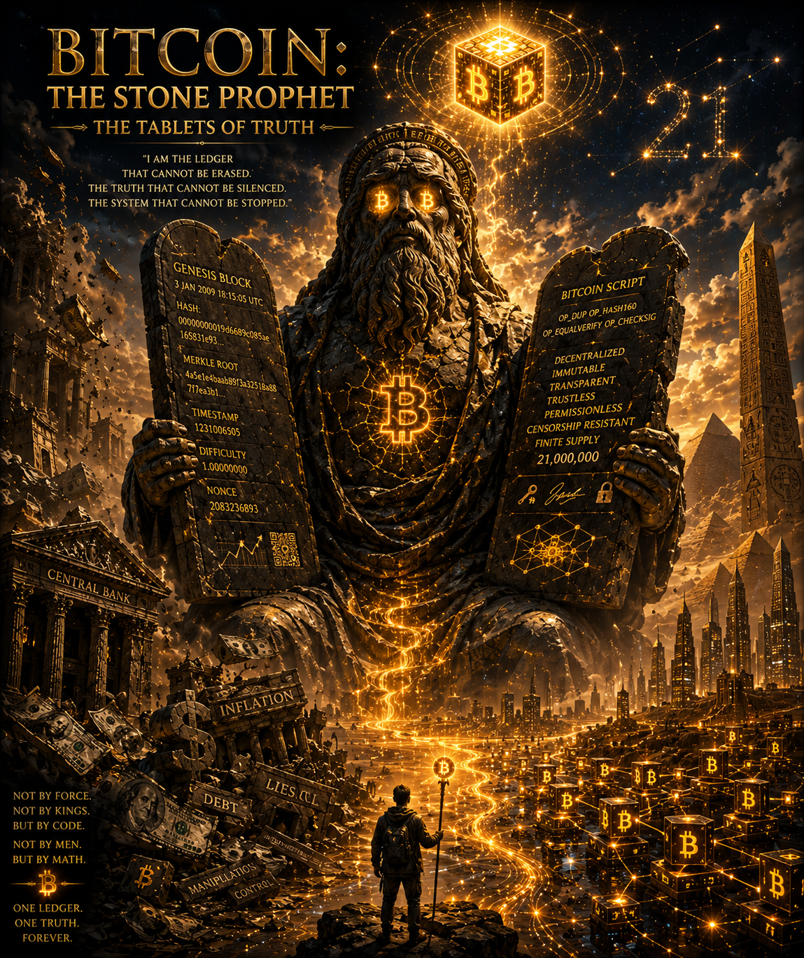 🗿✨ DUAL-LAYER 1/1 NFT LIVE
BITCOIN: THE STONE PROPHET — THE TABLETS OF TRUTH
Before paper.
Before b…