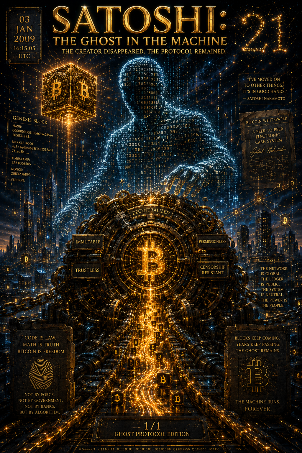 👻⚡ LEGENDARY DUAL-LAYER 1/1 NFT LIVE
SATOSHI: THE GHOST IN THE MACHINE
THE CREATOR DISAPPEARED. THE…