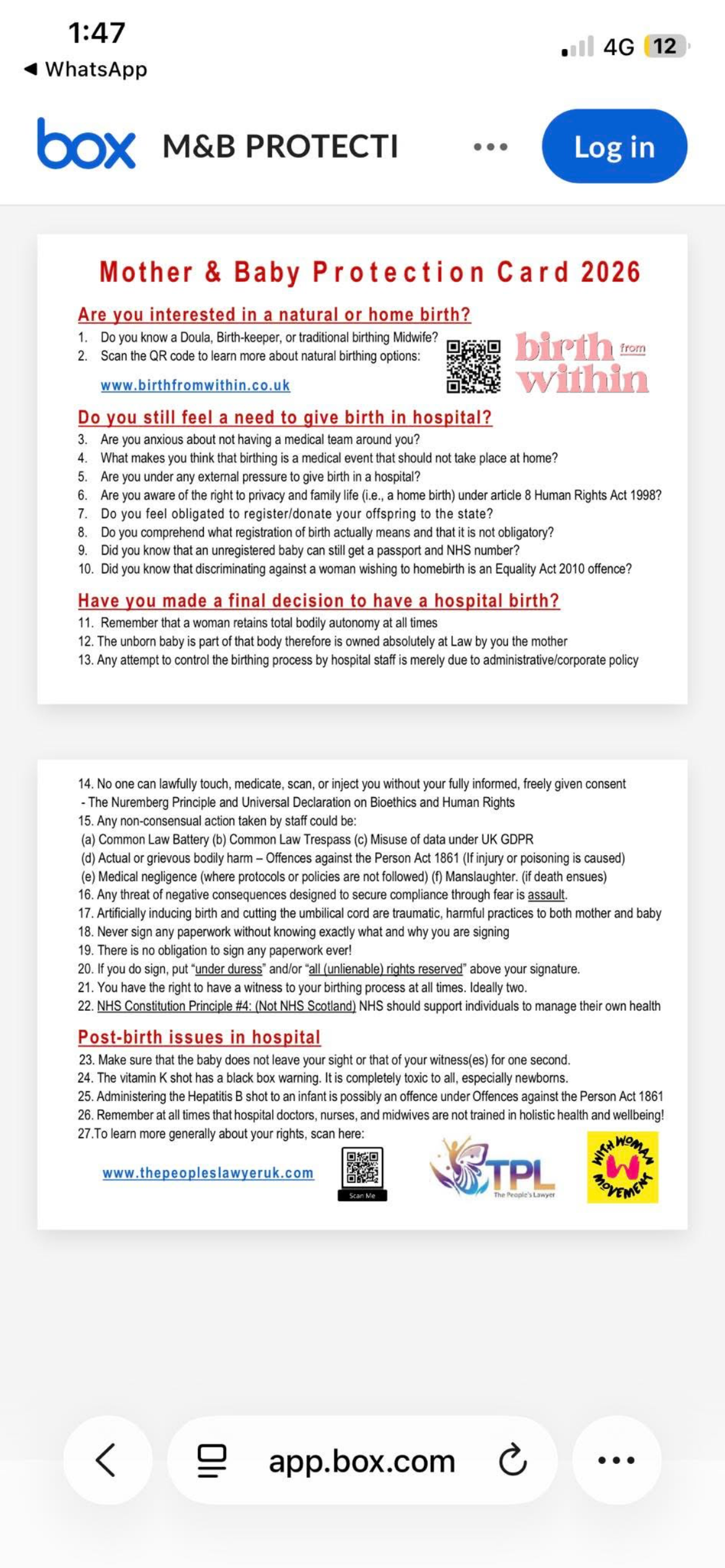 Mother & Baby Protection Card - share. Print & educate 
https://thepeopleslawyeruk.com/motherbaby/