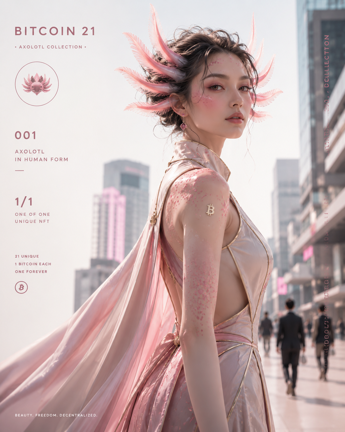 👑 AUCTION LIVE 👑
🩷 BITCOIN 21 #002 — AXOLOTL ROYALTY
A Beautiful Axolotl in Human Form
Born from th…