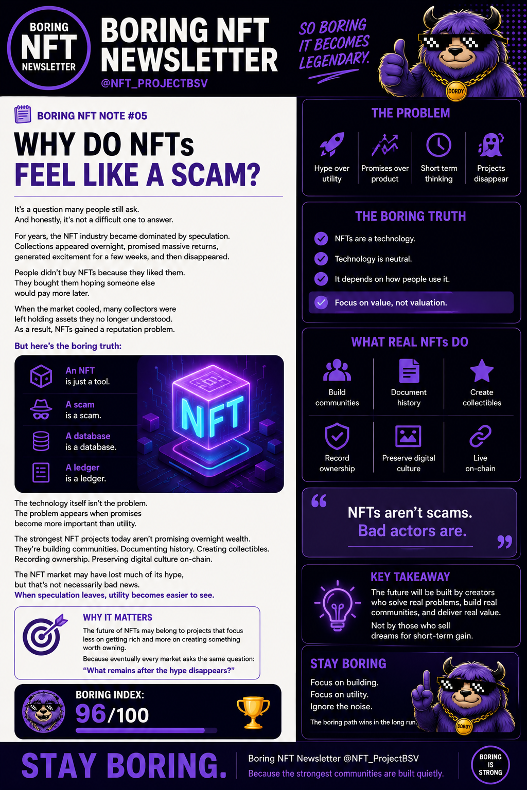 📝 BORING NFT NOTE #05
Why Do NFTs Feel Like A Scam?
It's a question many people still ask.
And hone…