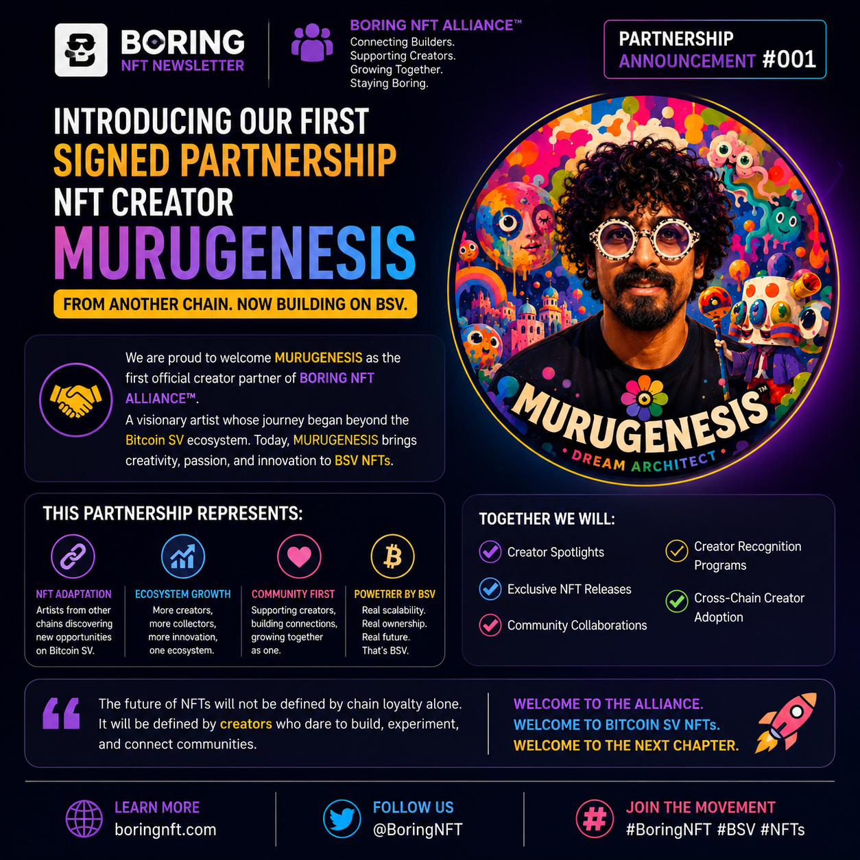 BORING NFT ALLIANCE™
Partnership Announcement

Welcome MURUGENESIS
From Another Chain to Bitcoin SV…
