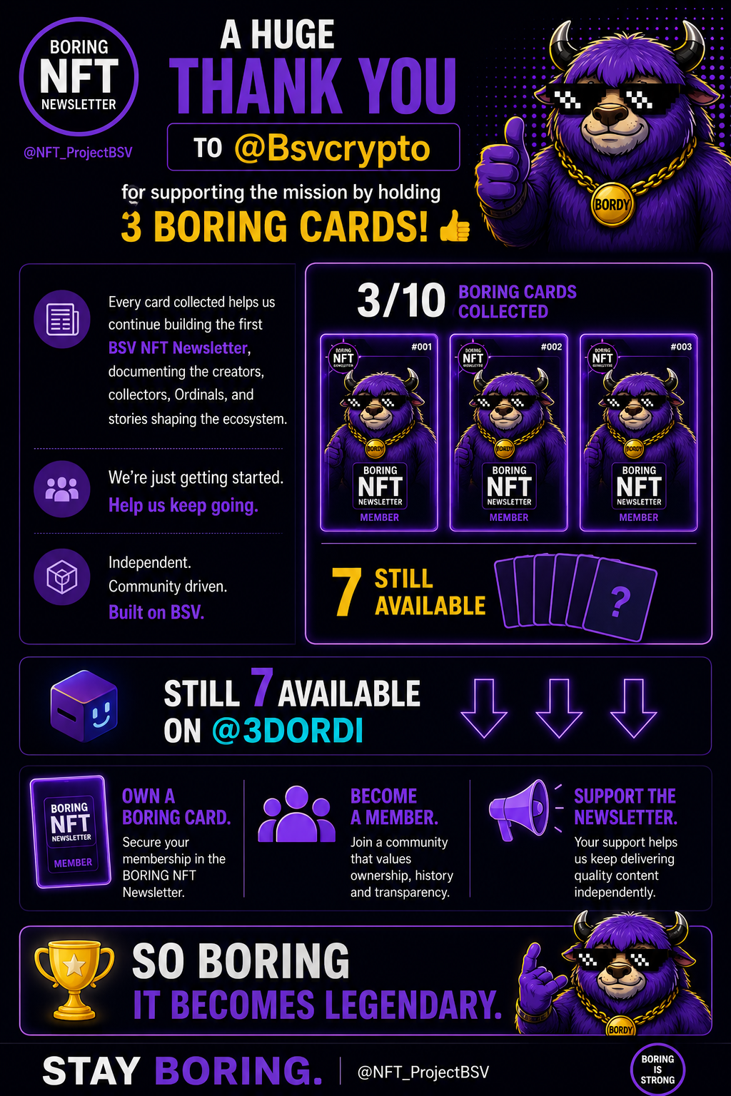 🟣 A huge THANK YOU to @Bsvcrypto for supporting the mission by holding 3 BORING CARDS! 🙏
Every card…