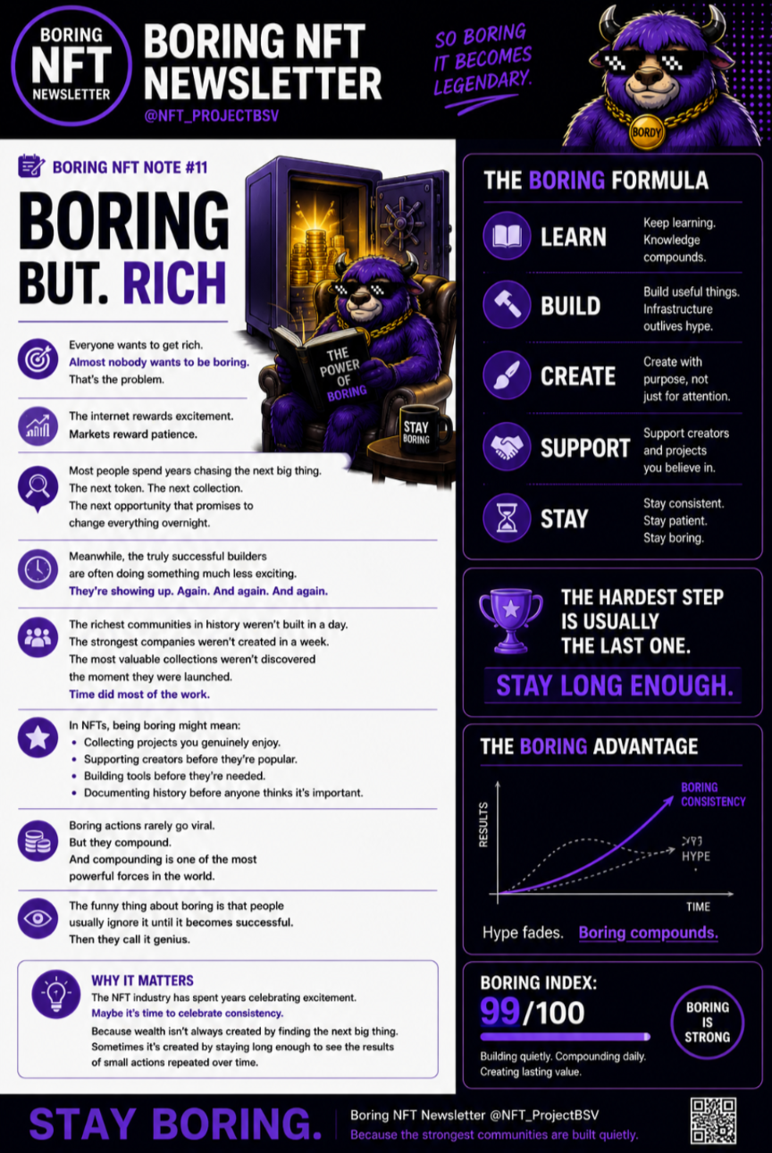 📝 BORING NFT NOTE #11
BORING BUT RICH
Everyone wants to get rich.
Almost nobody wants to be boring.…