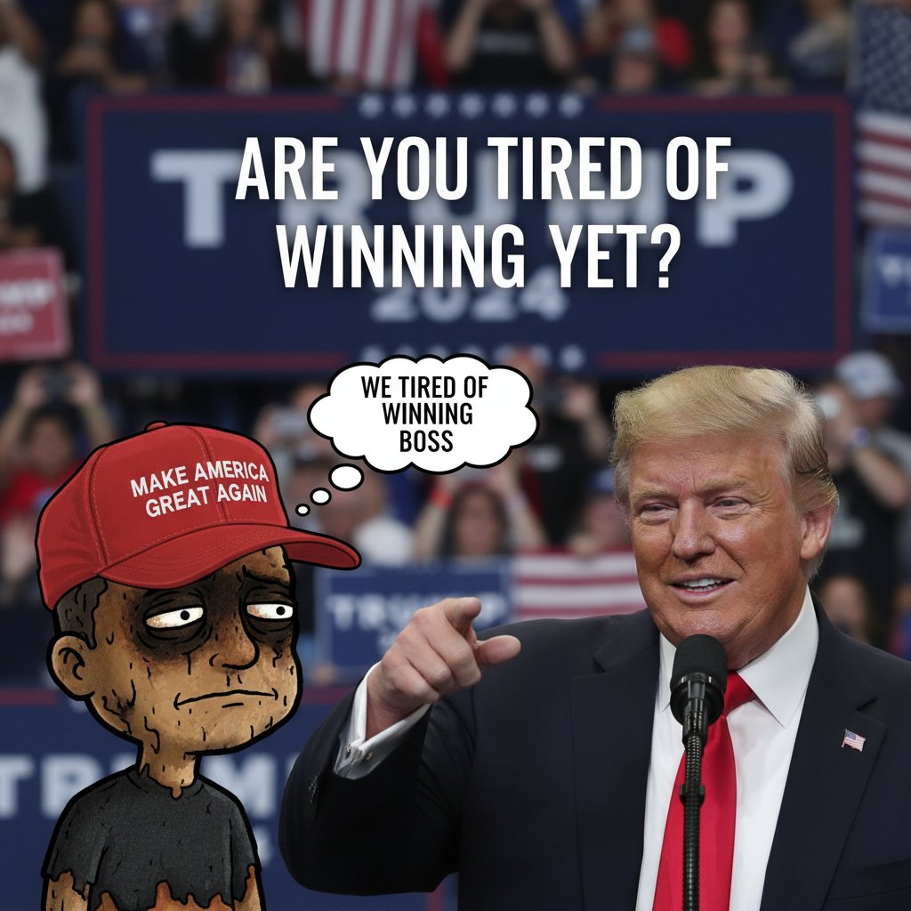 !nb burnt wojak with a maga hat saying “we tired of winning boss.” Trump in the foreground saying a…