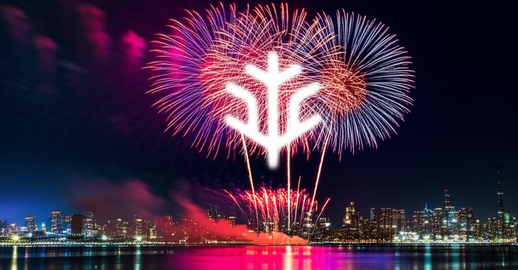 !edit
Create a spectacular fireworks display photograph over a waterfront cityscape at night. The f…