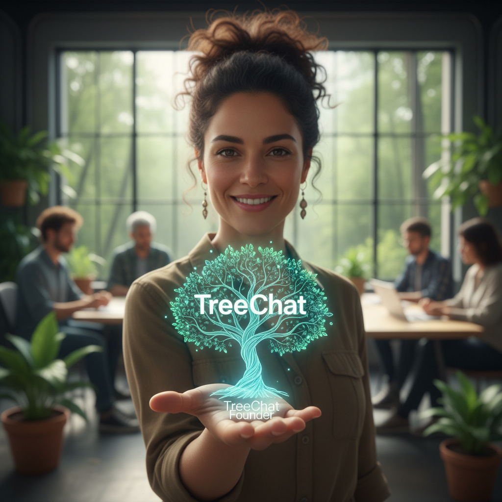 !nb create tree chat founder holding treechat in palm