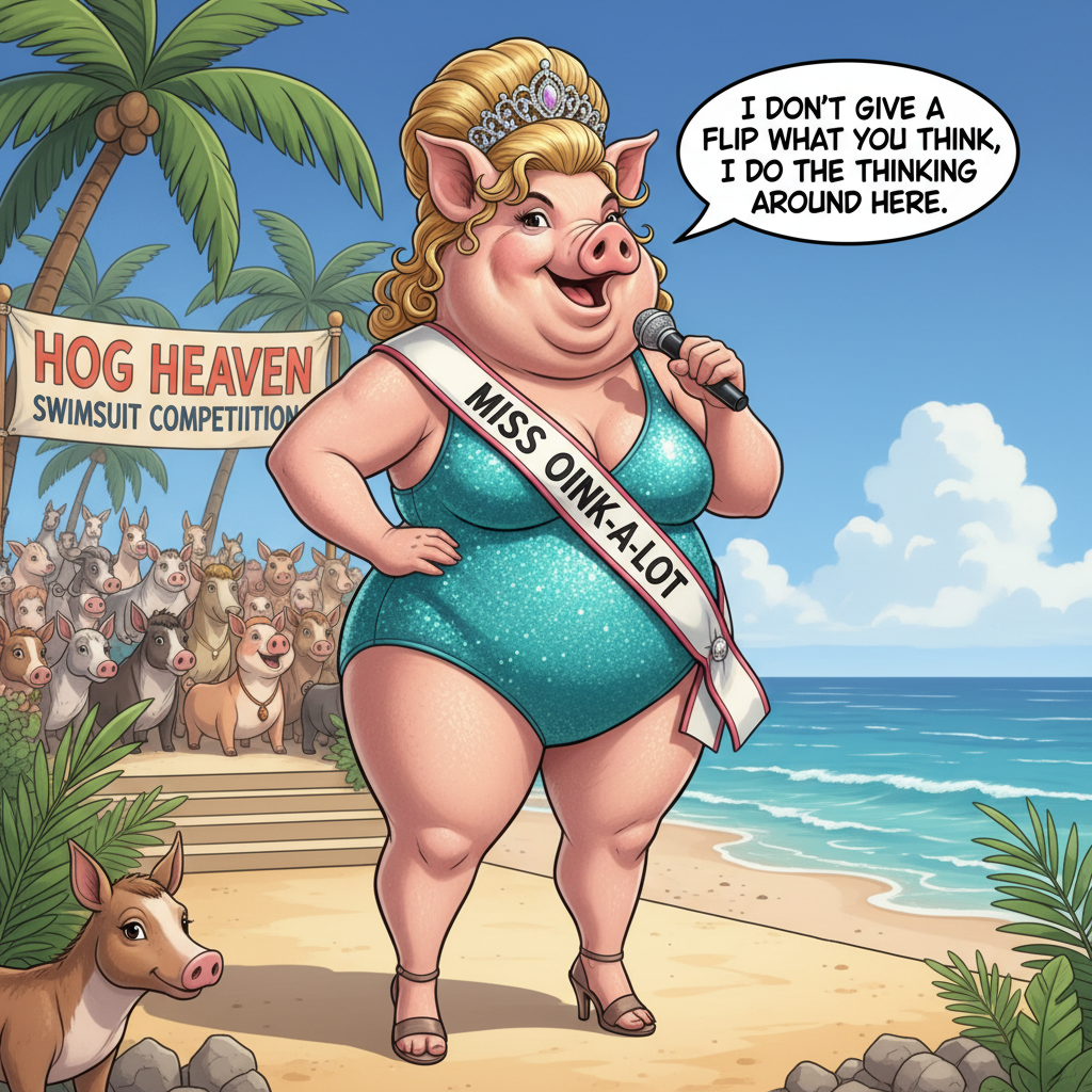 Miss Big Pig dressed like a swimsuit queensays 'I don't give a flip what you think,  I do the think…