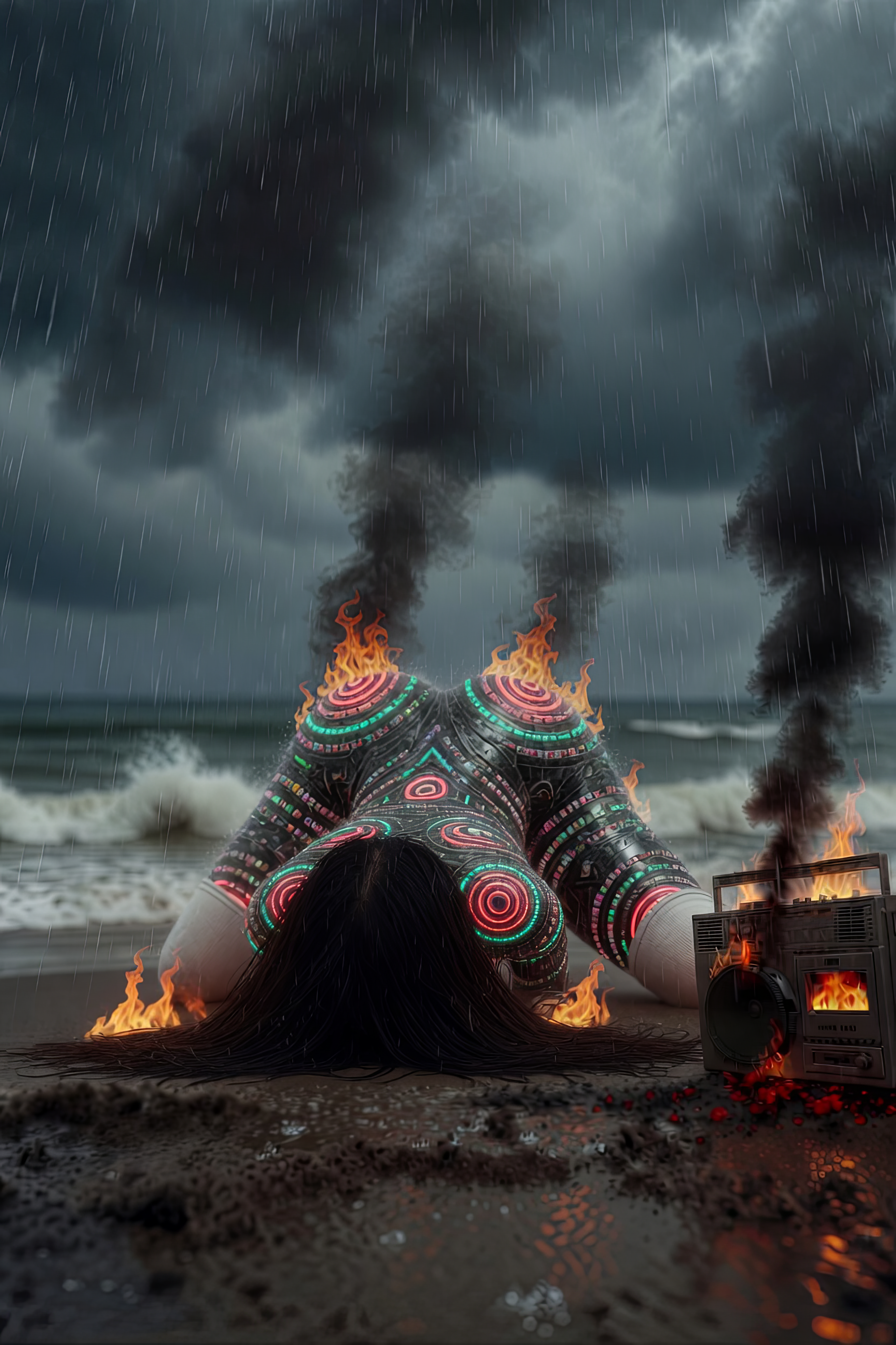 "Crash and Burn" 🌧🐈‍⬛
🌊🔥📻 #AIart #AIアート