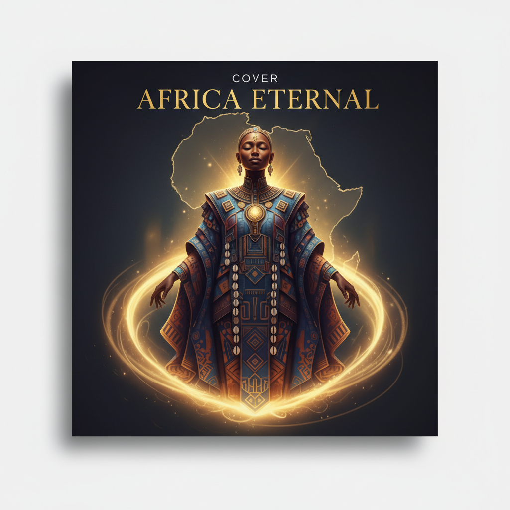 COVER  – AFRICA ETERNAL
A majestic African figure emerging from golden light, wearing a modern–trad…