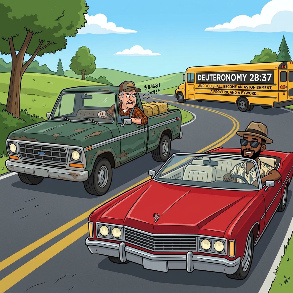 !nb cartoon black American man driving in a fancy convertible and a hill billy in a beat up truck s…
