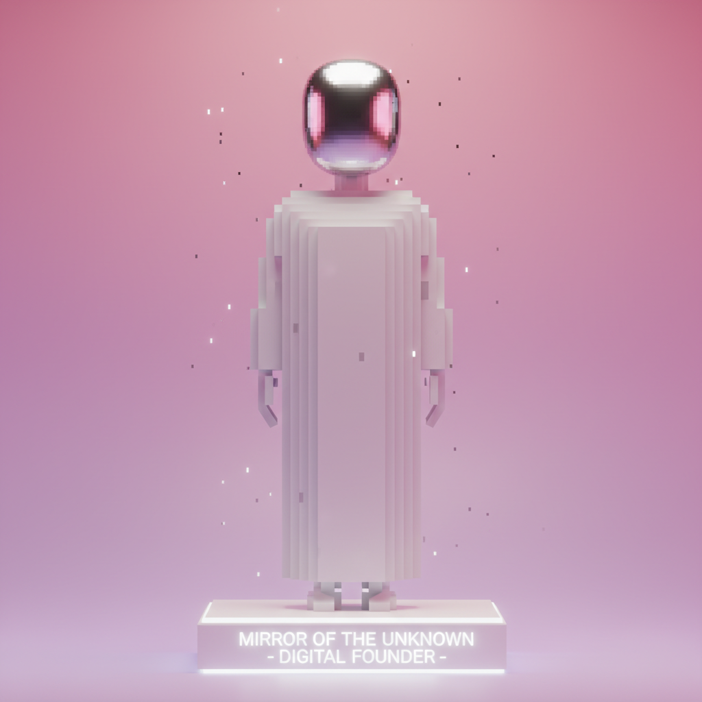 2. Mirror of the Unknown
3D minimalist voxel statue with a reflective mirror-like pixel face, calm …