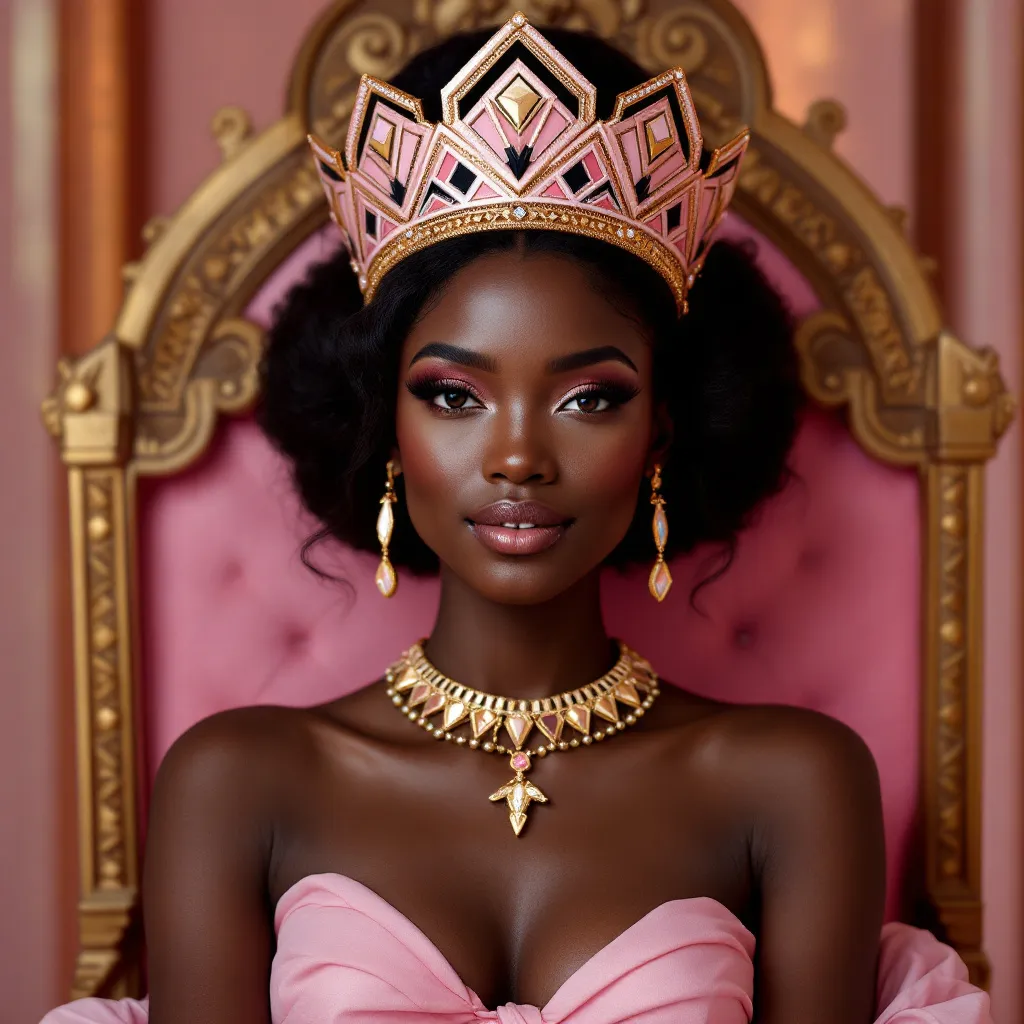 !flux11 A regal Black Queen, wearing a geometric crown fused with tribal patterns in soft pink Back…