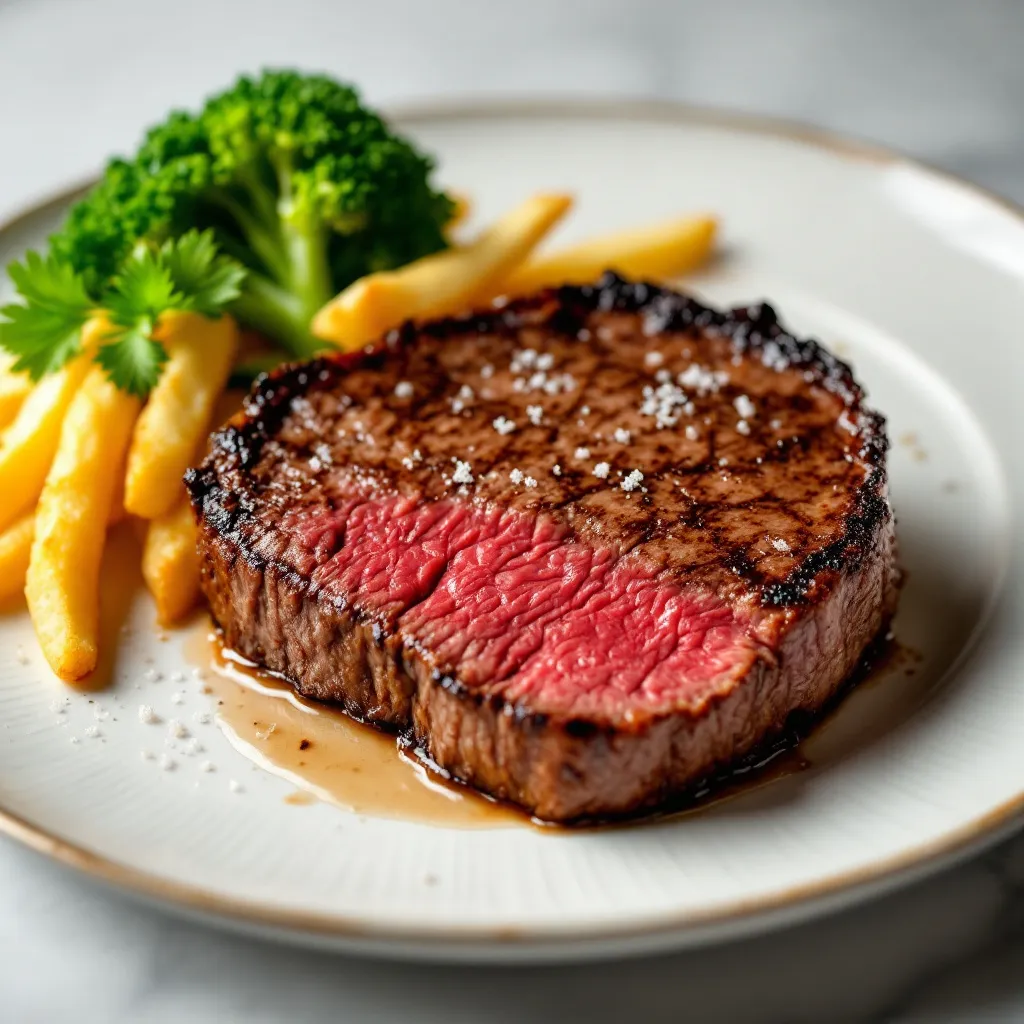!flux11 reverse seared wagyu, crispy crust, on a nice plate with French fries and broccoli.