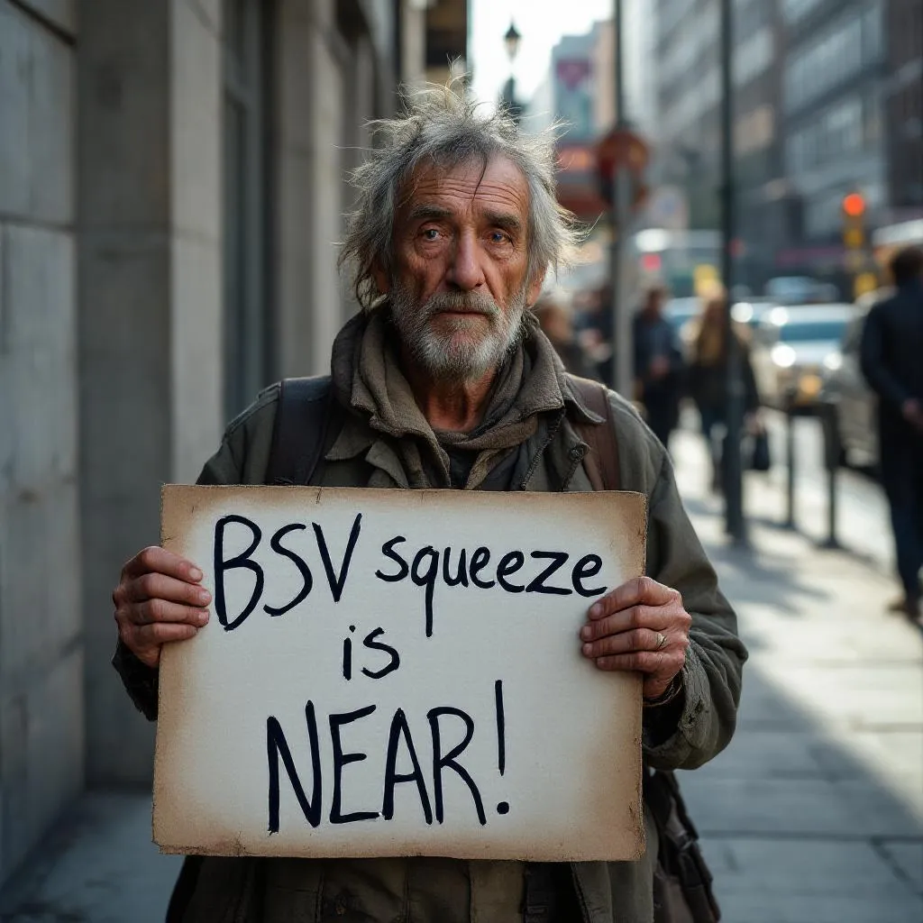 !flux a vagabond with dirty hair an clothes holding a sign "BSV squeeze is NEAR"