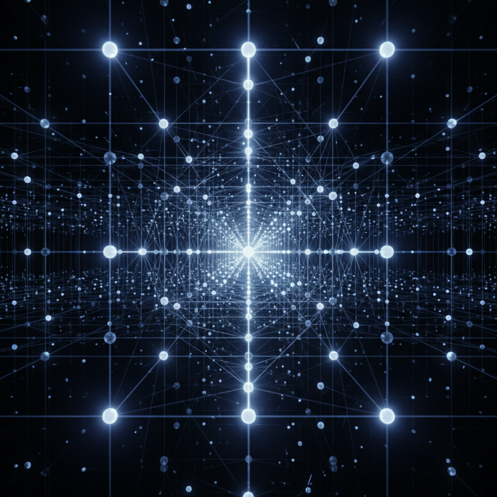 3️⃣ Infinite Node
A central glowing node endlessly replicating itself in all directions, forming an i…