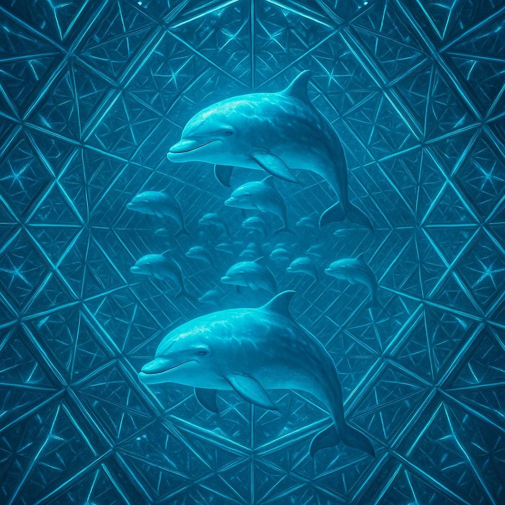 !gpt4o A playful dolphin reflected within a Fractal Infinity Mirror, creating endlessly repeating p…