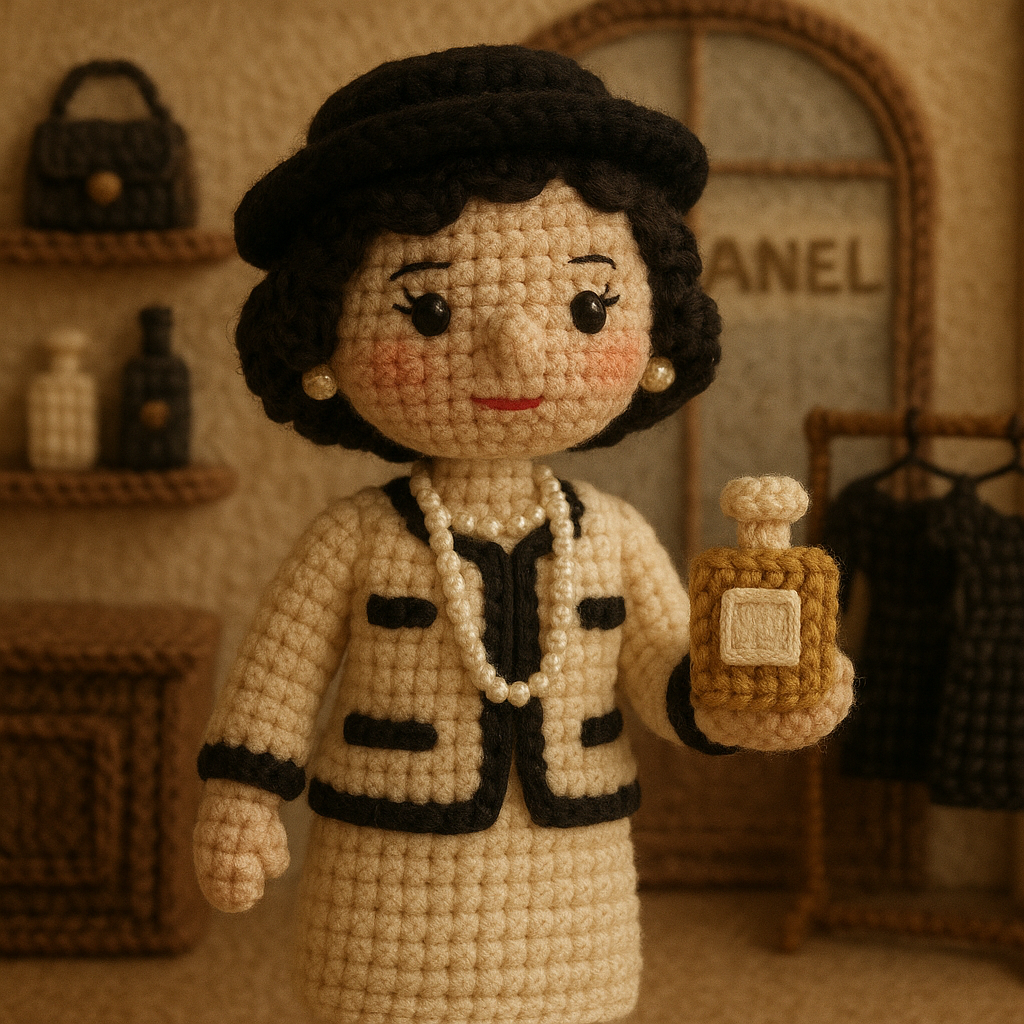 !gpt4o A crochet doll-style of Coco Chanel, made with soft yarn textures and intricate handcrafted …