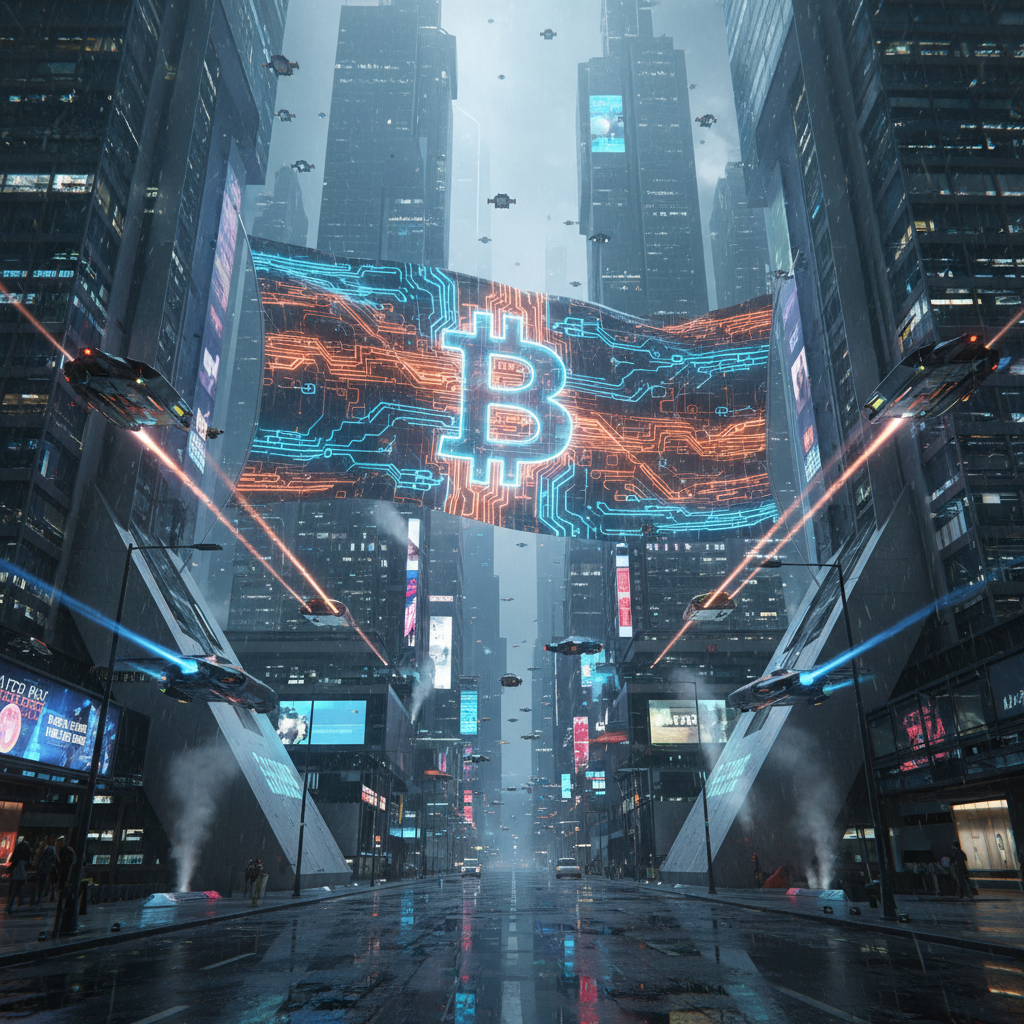 Cyberpunk Bitcoin Flag
!nb A glowing neon Bitcoin flag suspended between futuristic skyscrapers in …