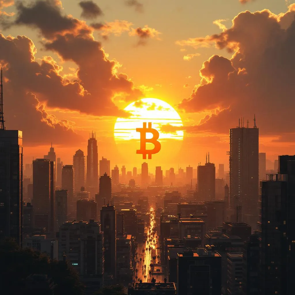 1. Satoshi Sunrise
African sunrise over a modern city skyline, glowing Bitcoin symbol rising like t…