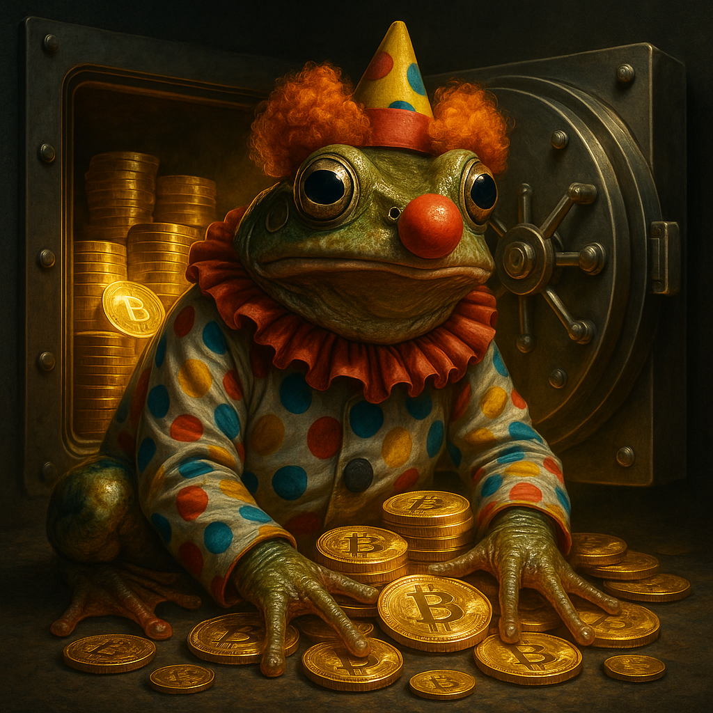 !gpt4o A surreal hyperrealistic illustration of a frog dressed in a colorful polka-dotted clown sui…