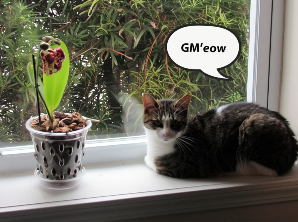 !edit add a speech bubble above the cat saying "GM'eow"