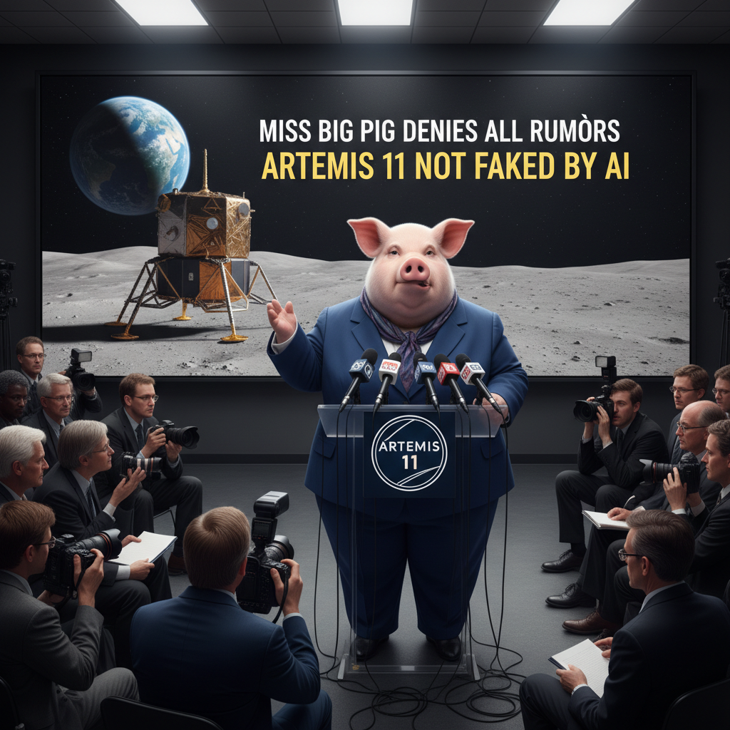 Miss Big Pig denies all rumors that the Artemis 11 moon landing was faked using AI. !nb