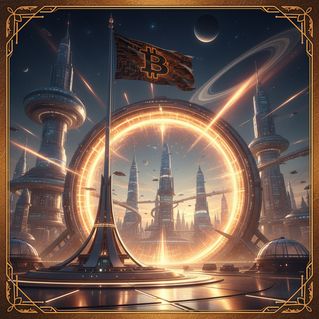 Bitcoin Flag at the Gates of Tomorrow
!nb A majestic Bitcoin flag standing before a gigantic futuri…