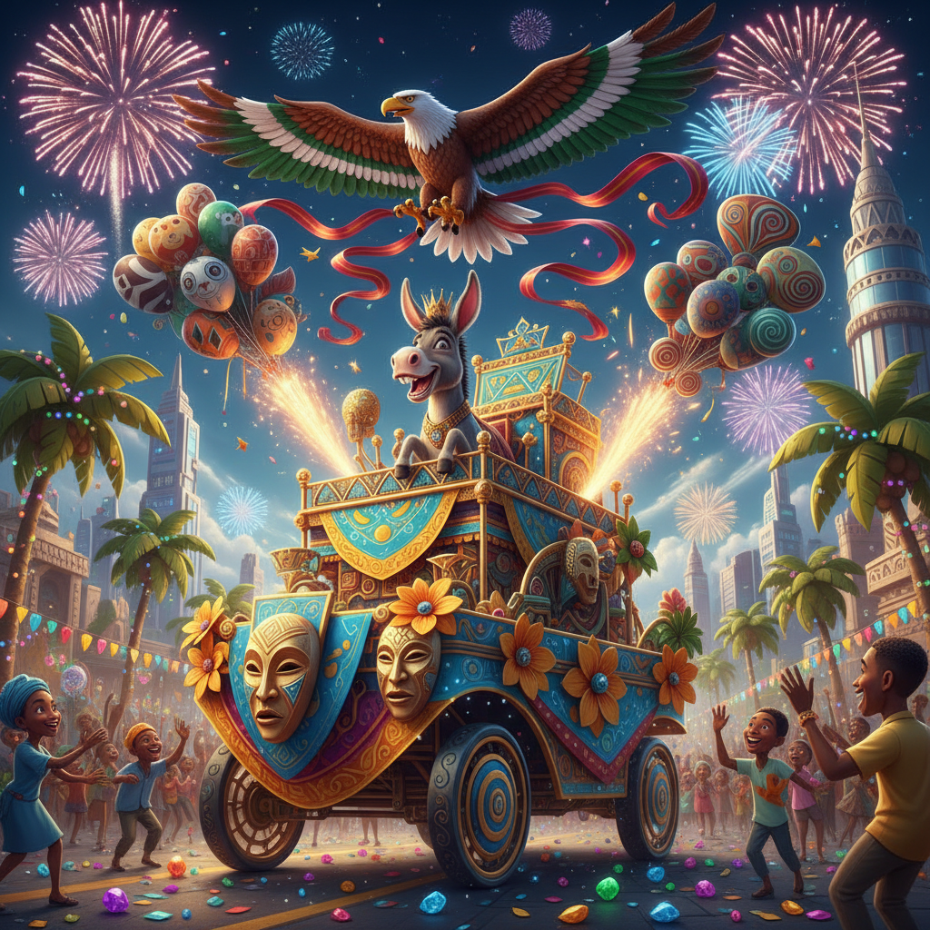 Joint Victory Parade
!nb A happy donkey riding on a colorful parade float while a proud Naija eagle…