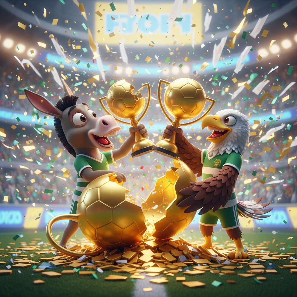 The Trophy Nobody Won
!nb A giant golden trophy accidentally broken in half, with the donkey and Na…