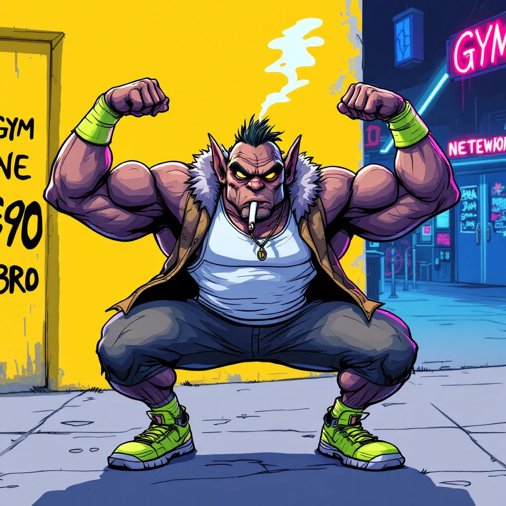 !flux early 1990's cartoon network style. Goblin gym bro looking pumped after arm day pump, doing a…