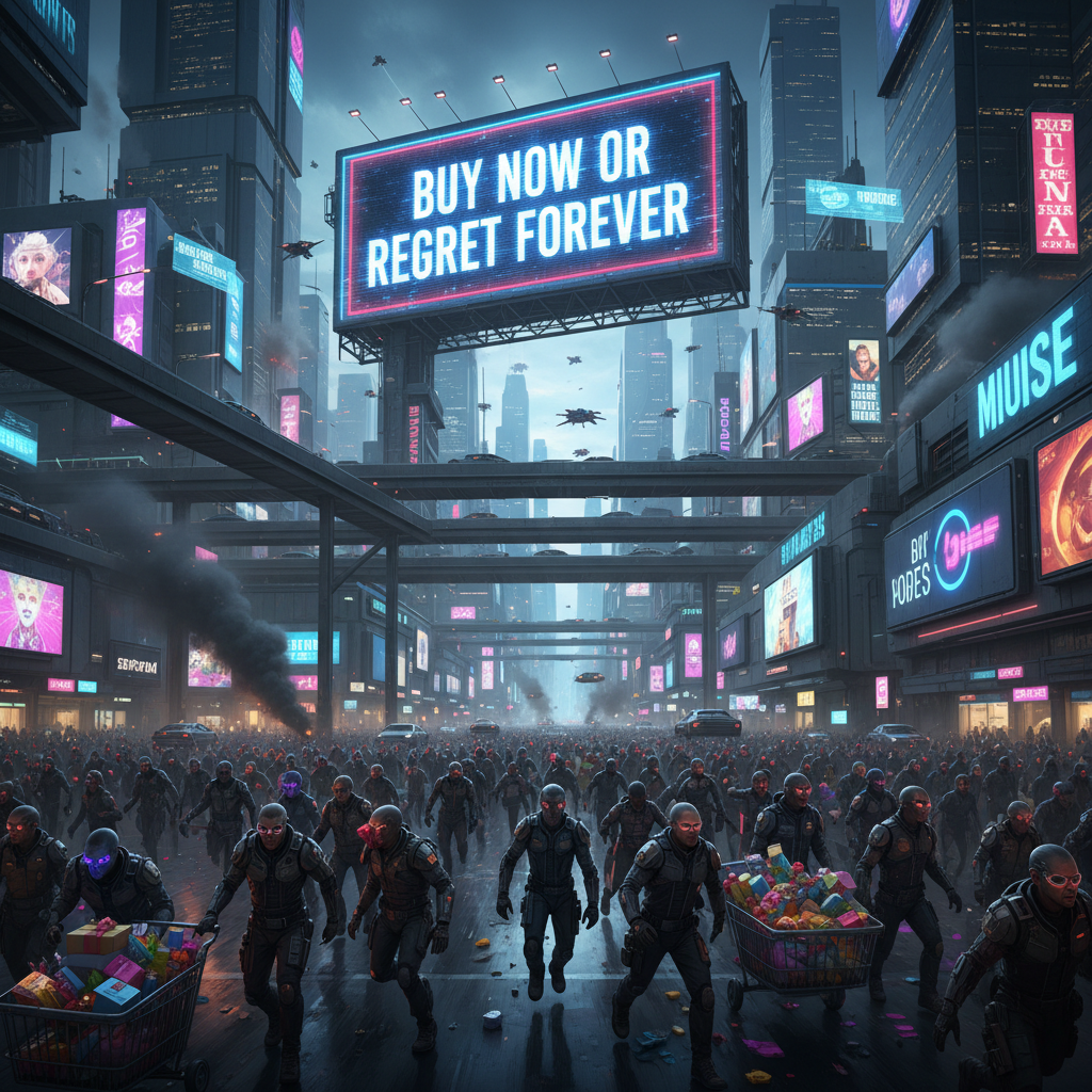 !nb “BUY NOW OR REGRET FOREVER” billboard glowing over cyberpunk city filled with panic buyers