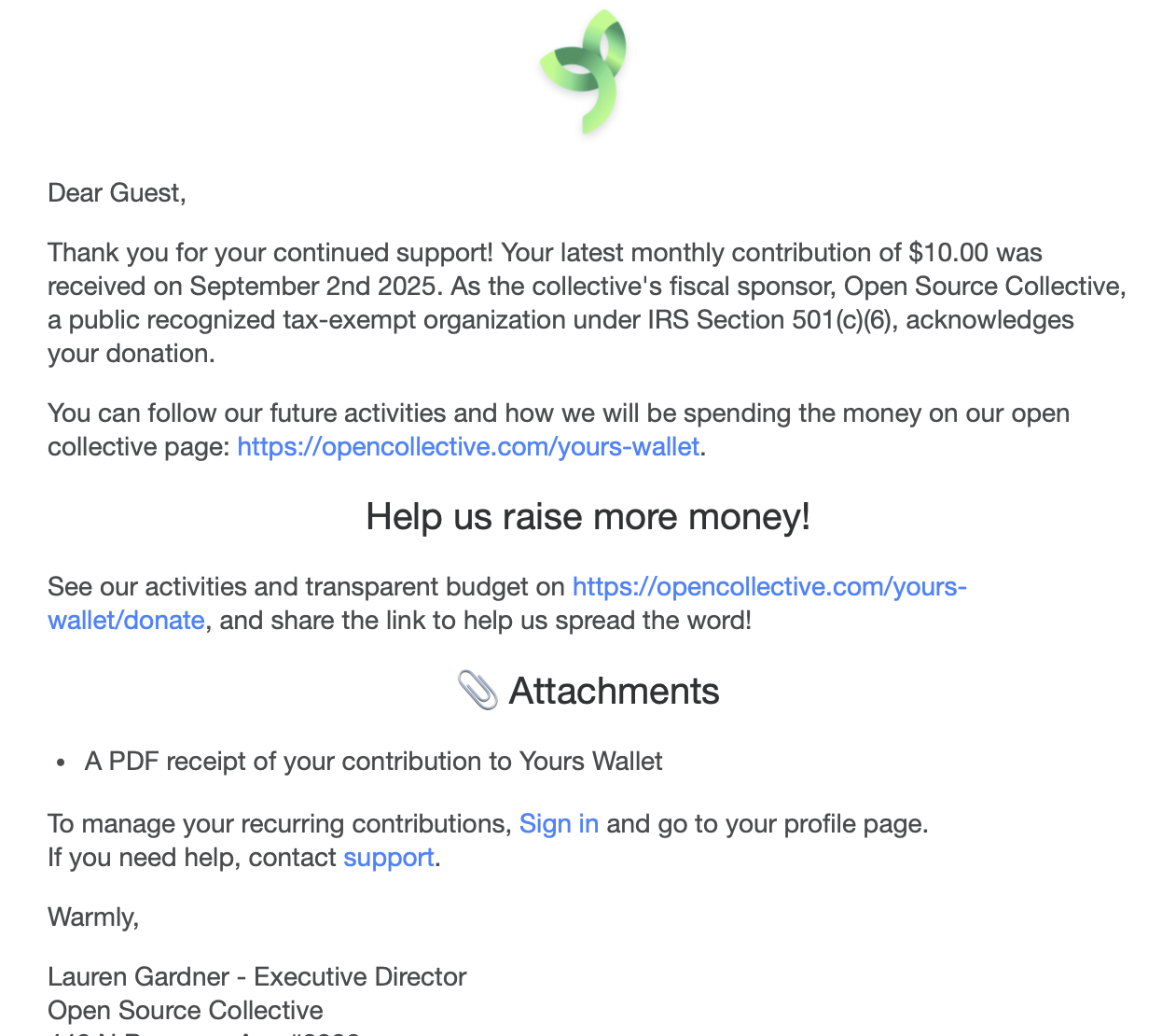 Support what you want to continue to exist.
https://opencollective.com/yours-wallet