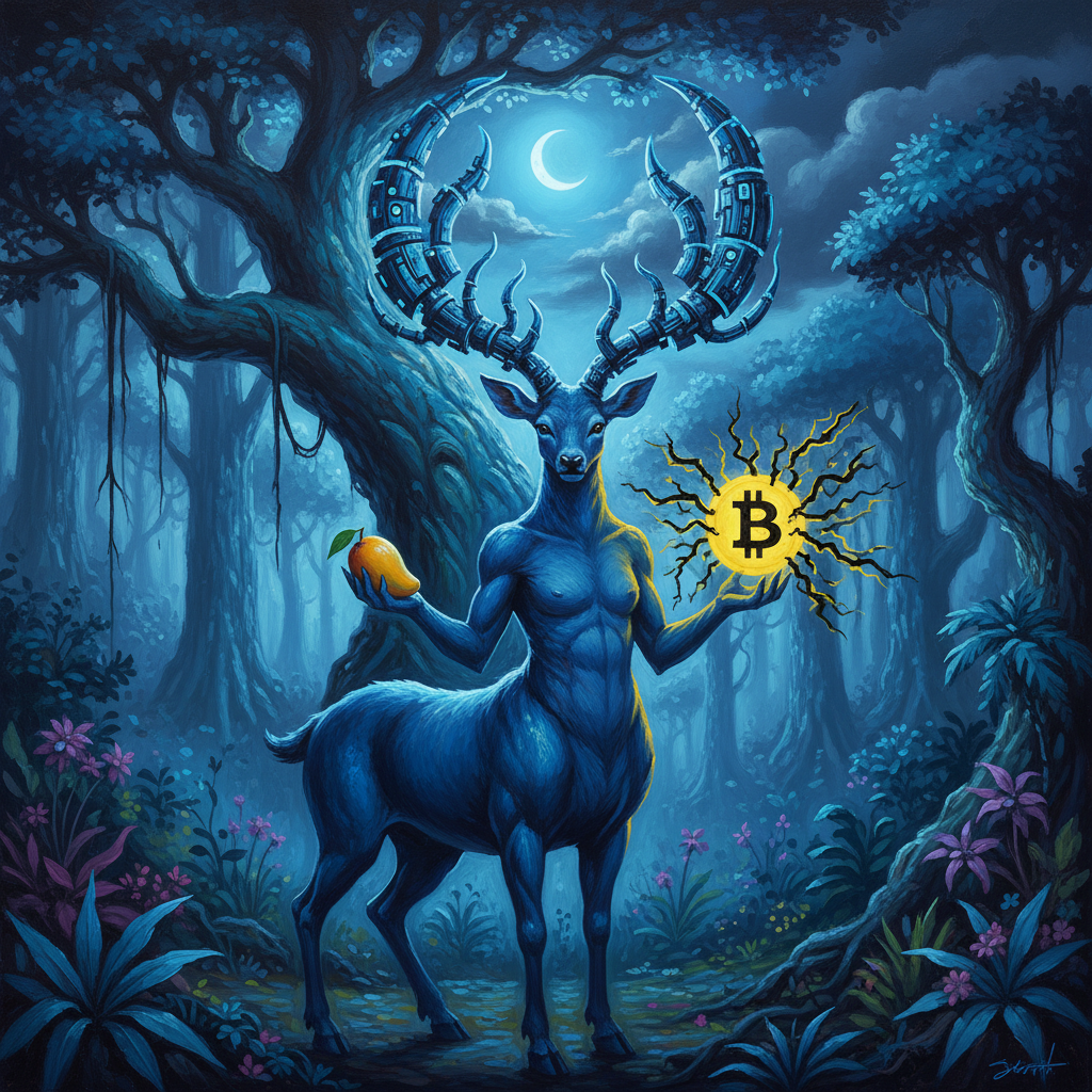 !nb make an image of a blue anthro deer centaur, meditative expression, merged with blue tree, bran…