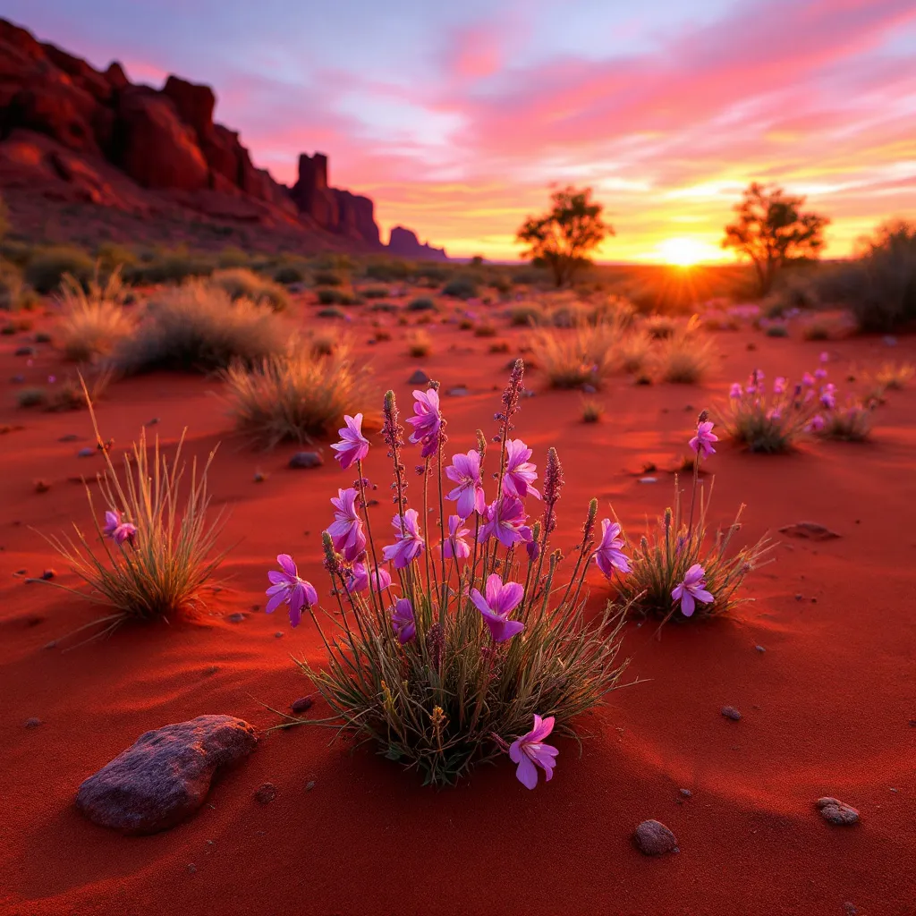 !flux outback south australia, red desert sand, sunrise, gardening sturt desert peas